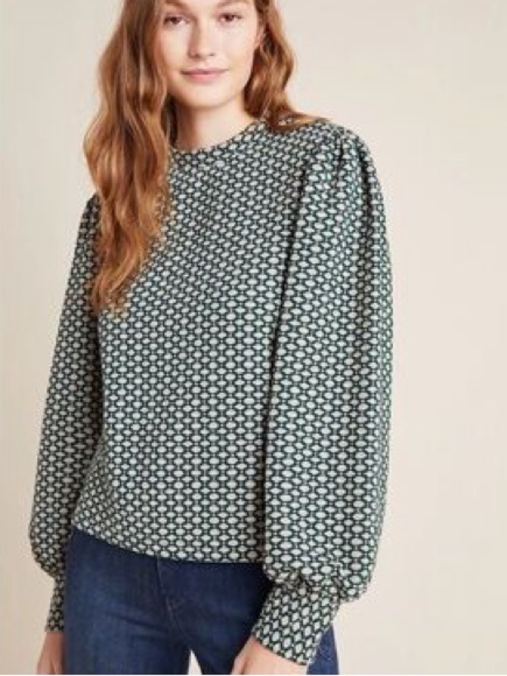 Maeve Anthropologie Textured Geometric Puff Sleeve sweater Green Preppy